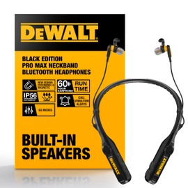 DEWALT Heavy Duty Black Edition 2-in-1 Neckband Bluetooth Headphones w/Built-in Speakers, Jobsite Wearable Speaker & Around Neck, Wireless Headset, 60+ Hrs Hands-Free Music & Calls, Carry Pouch