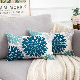 Set of 2 Cushion Covers, 30 x 50 cm, Teal and Grey Sofa Cushion, Geometric Flower, Linen, Square Lumbar Cushion Cover, Abstract Farmhouse Decorative Cushion Covers for Living Room, Sofa, Bedroom