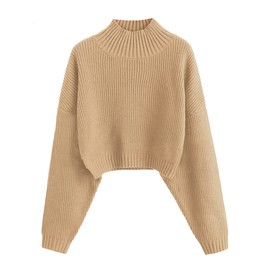ZAFUL Women's Cropped Turtleneck Sweater Lantern Sleeve Ribbed Knit Pullover Sweater Jumper (1-Tan, Small)