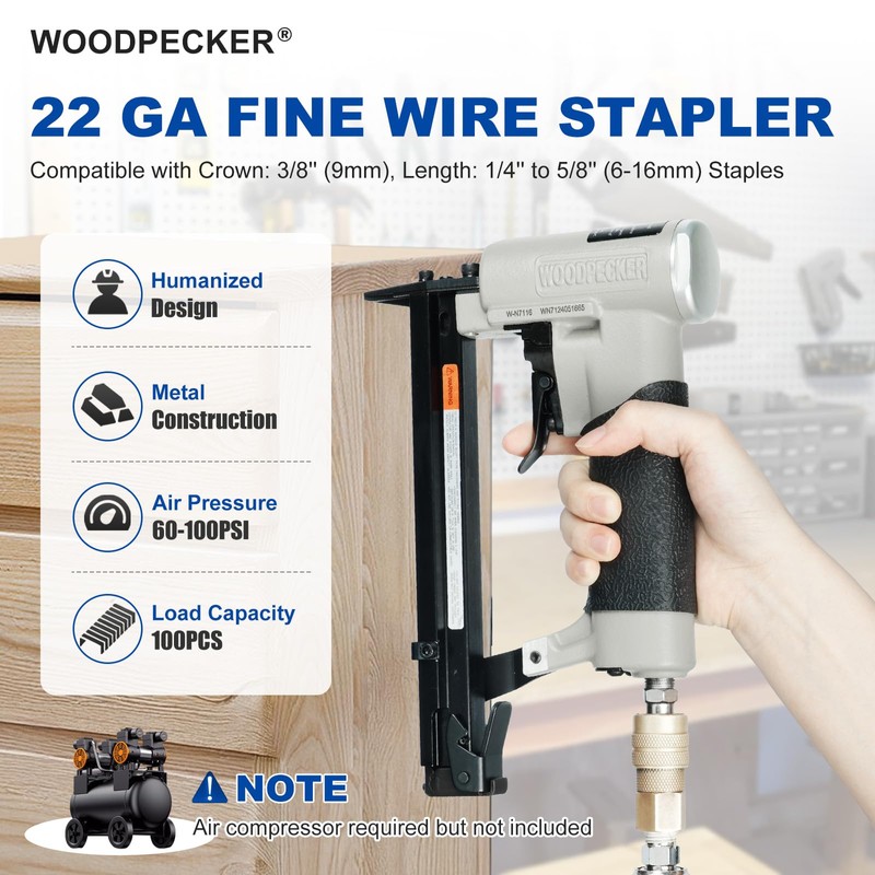 WOODPECKER N7116 Upholstery Stapler 22 Gauge 3/8-Inch Crown Pneumatic Upholstery