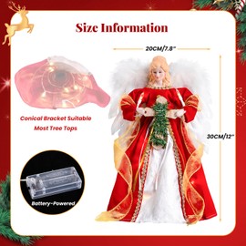 Christmas Angel Tree Topper with LED Light | 12” Christmas Tree Topper - Battery Operated - Natural Goose Feather - Red Dress Treetop Ornaments Indoor Decorations