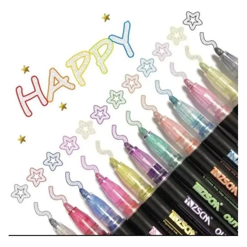 Bestdi 12 Plumones Contorno Metálico Doble Linea Mágicos