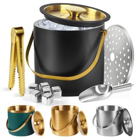 Ice Bucket, Ice Bucket with Silicone Sealing Ring Double-Wall Vacuum Insulation Champagne Buckets with Filter Layer Ice Tongs Ice Scoop (Black-Silver, 3 L)