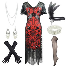 Women's 1920s Dress Sequin Art Deco Great Gatsby Flapper Dress with Sleeve (Black&Red, X-Large)