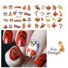 Fall Leaf Nail Art Stickers, LPOODDNU Maple Leaf Nail Decals Autumn Nail Art Supplies Cute Maple Leaves Turkeys Squirrels Pumpkins Water Decals for Women Thanksgiving Day Nail Art Decorations