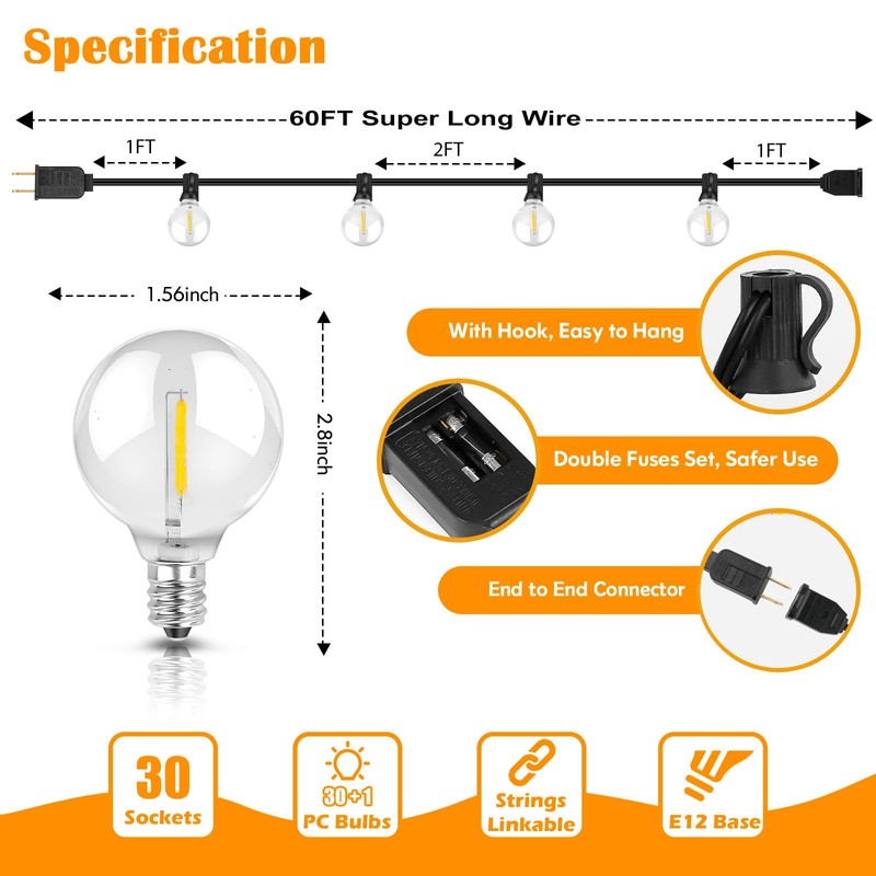 60FT Outdoor String Lights Waterproof, Bright 2700K LED Patio Lights