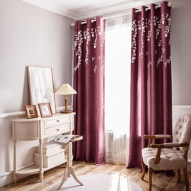 Melodieux Flower Embroidery Linen Blackout Burgundy Curtains for Living Room Bedroom Grommet Window Drape, White Flower, 52 by 96 Inch (1 Panel)