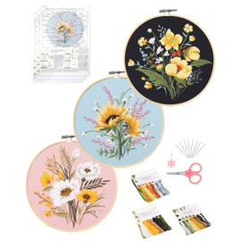 Santune 3 Pack Flower Embroidery Kit for Beginners Adults Cross Stitch Kits for Beginners Hand Embroidery with Plant Patterns and Instructions DIY Kits for Adults with Hoops,Threads and Needles