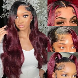 KeaBalo Burgundy Lace Front Wigs Human Hair 13x4 1B99J Ombre Lace Front Wig Human Hair Pre Plucked Dark Root Colored Body Wave Burgundy Hd Frontal Wigs Human Hair 180% Density 30 Inch