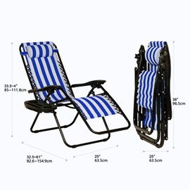 Nazhura Set of 2 Relaxing Recliners Patio Chairs Adjustable Steel Mesh Zero Gravity Lounge Chair Beach Chairs with Pillow and Cup Holder (Navy Blue Stripe)