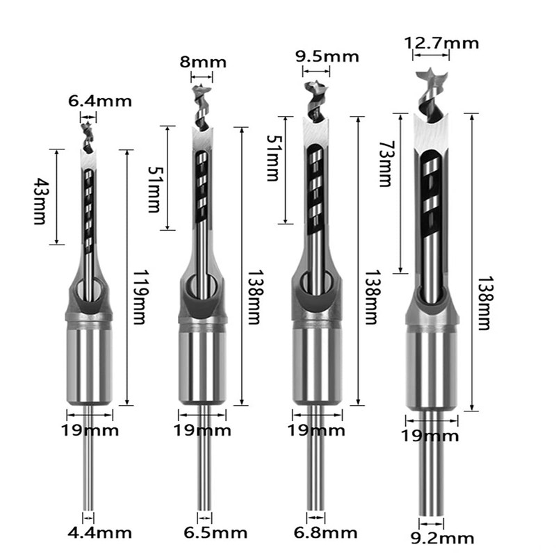 Baorder 4Pcs Square Hole Drill Mortiser Chisel Set, Woodworking Drill