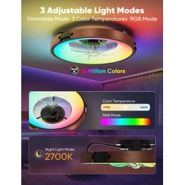 Carrefour 20″ Smart Ceiling Fans with Lights – Low‑Profile Flush Mount Ceiling Fan with 3‑CCT, RGB, 6‑Speed Reversible DC Motor, Remote & App Control, Timer, Quiet Bedroom Fan,Walnut‑Trim