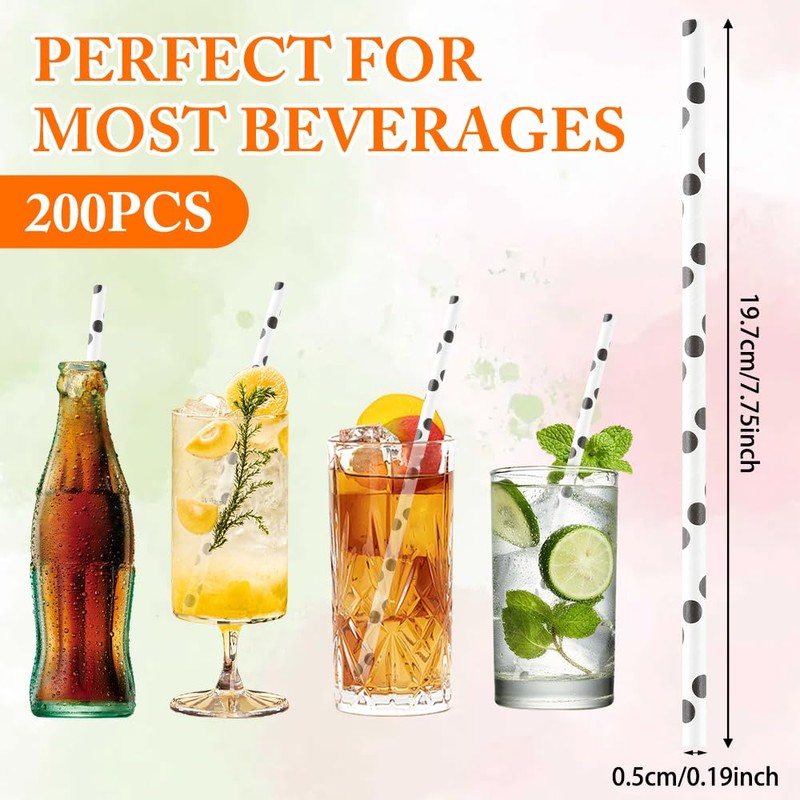 200PCS Black Polka Dot Paper Straws, Eco-Friendly Biodegradable Paper Drinking