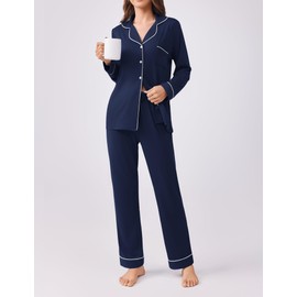 Ekouaer Womens Pajamas Set 2 Piece Button Down Sleepwear Soft Long Sleeve Top and Pants Pjs Lounge Sets Navy Blue XXL