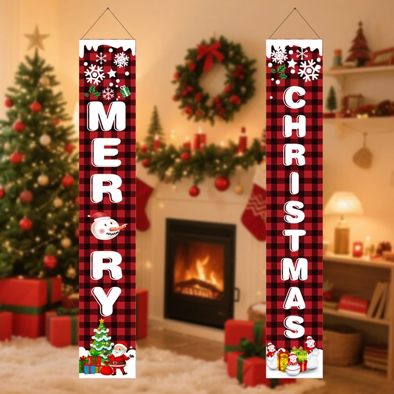 Merry Christmas Door Banner Set, Buffalo Plaid Red Black Porch