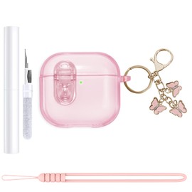 AIIEKZ Compatible with AirPods 4 Case 2024,Clear Soft TPU with Safety Lock for AirPods 4th Generation Case with Butterfly Keychain and Cleaning Kit and Lanyard for Girls Women (Clear Pink)