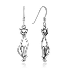 925 Oxidized Sterling Silver Plating Open Elegant Cat Kitty Kitten Pet Lover Dangle Hook Earrings 1.5 inches