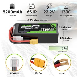 OVONIC 6S LiPo Battery 5200mAh 22.2V 130C RC Battery XT90 Connector