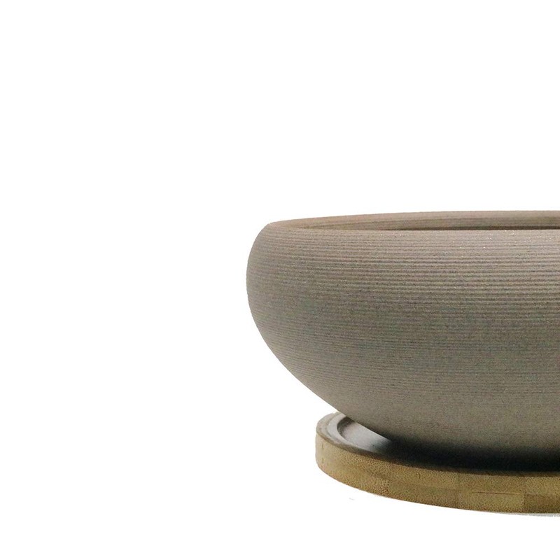 MUZHI Round Unglazed Ceramic Bonsai Pot with Bamboo Tray, Large