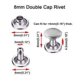 300 Sets Silver Stainless Steel Leather Rivets Double Cap Studs Tubular Metal Rivets Repair Decoration Craft Accessories for Leather Craft Clothes Shoes Bags Belts (8mm, Silver)