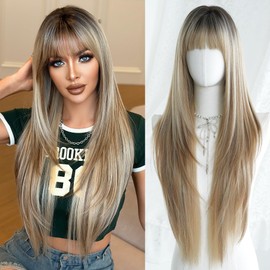 7JHH WIGS 34IN Surper Long Straight Brown Blonde Highlight Layered Wig