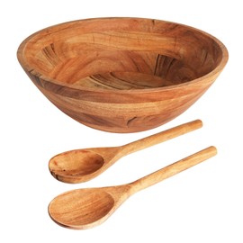 Luxe Designs Wooden Salad Bowl Set - Food Safe & Sustainable Decorative Bowl - Wood Bowl for Fruits, & Salads - Easy to Clean Large Salad Bowls Set w/Spoon, Fork – Wooden Bowls for Food (Natural)