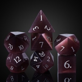 UDIXI Natural Gemstone Dice Set, 7PCS Crystal DND Dice for Dungeons and Dragons, Handmade Stone Dice for MTG Table Games (Purple Cat's Eye)