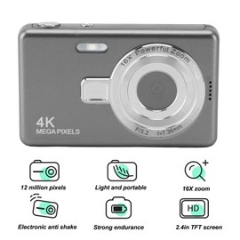 Digital Camera, Auto Focus 1080P HD Vlogging Camera, 12MP 16X Digital Zoom Digital Camera, Portable Compact Point and Shoot Camera for Teenagers, Adults, Beginners (Gray)
