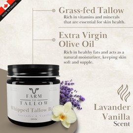Whipped Tallow Balm for Skin, Gentle and Hydrating - 2 Oz, Lavender Vanilla Scent - Beef Tallow Moisturizer for Face and Body - Natural Skincare Cream by Farm to Tallow