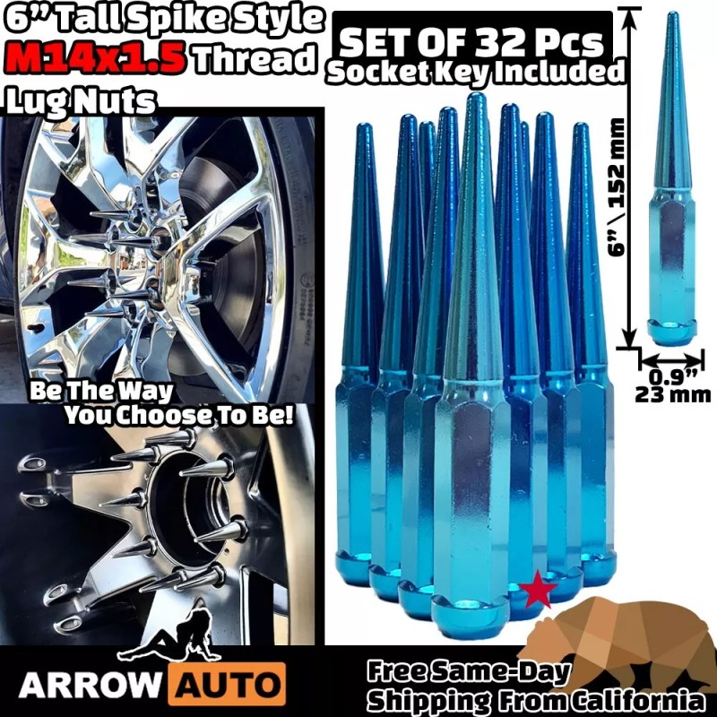 ARROW 32x 6" Extra Tall Blue M14x1.5 Spike Lug Nuts