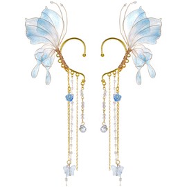 FRESHME Fairy Elf Ear Cuffs - Blue Mermaid Ears Elven Ear Clips with Tassel Butterfly Wings Ear Climbers Non Pierced Fantasy Earrings for Women 2025 Renaissance Dress Up Renfaire Cosplay Accessories