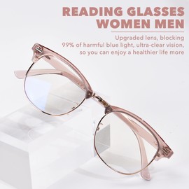 OPTOFENDY Reading Glasses for Women Men, Half Frame Retro Semi Rimless Blue Light Blocking Readers, Clear Lens Anti Eyestrain Light Brown 3.0x
