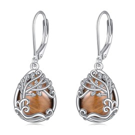 Tree of Life Earrings Tiger Eye Stone Drop Dangle Teardrop Earrings 925 Sterling Silver Tree of Life Leverback Earrings for Women Jewellery Gifts (KK-Tree of Life Tiger Eye Stone)