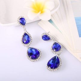 Clearine Women's Gorgeous Small to Large Triple Teardrop Crystal dangle Pierced Earrings Navy Blue Silver-Toned