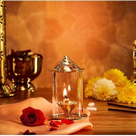 Klassic Navjyoti 4 Inch Akhand Diya with Borosilicate Glass Shade for Mandir, Decorative Brass & Glass Oil Lamp Lantern Diya with Glass Cover for Prayers, Cylindrical Borosilicate Glass Brass Diya