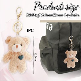 Kotkiddy 1 White Bear Plush Keychain Toy for Kids with Pink Heart 13 cm Stuffed Teddy Plush Backpack Bag Pendant Gift, brown, L