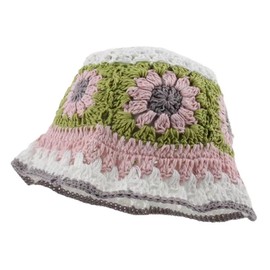 Crochet Bucket Hat Handmade Floral Stripe Fisherman Hat for Women Knit Bucket Cap Crochet Sun Hat Summer Beach Fisherman Cap A-White