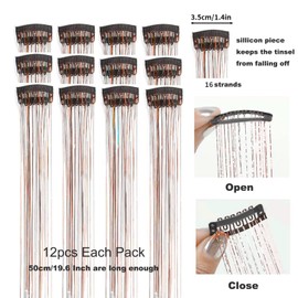 Tavvke 12 Pcs Clip-in Hair Tinsel, 50 CM/19.6 IN Glitter Fairy Dazzle Extensions, Heat-Resistant Sparkle Hair Accessories Strands kit for Women and Girls (Colorful)