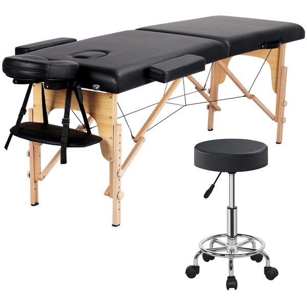 Yaheetech Wood 2 Folding Massage Table with Rolling Stool Portable Massage Bed Spa Bed Stool Adjustable Swivel Salon Chair Massage Therapy Table with Headrest & Armrest Black