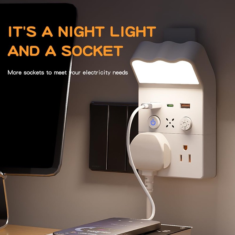 Smart Remote Control Night Light Socket,2AC+3USB Fast Charging,Wall Outlet Night