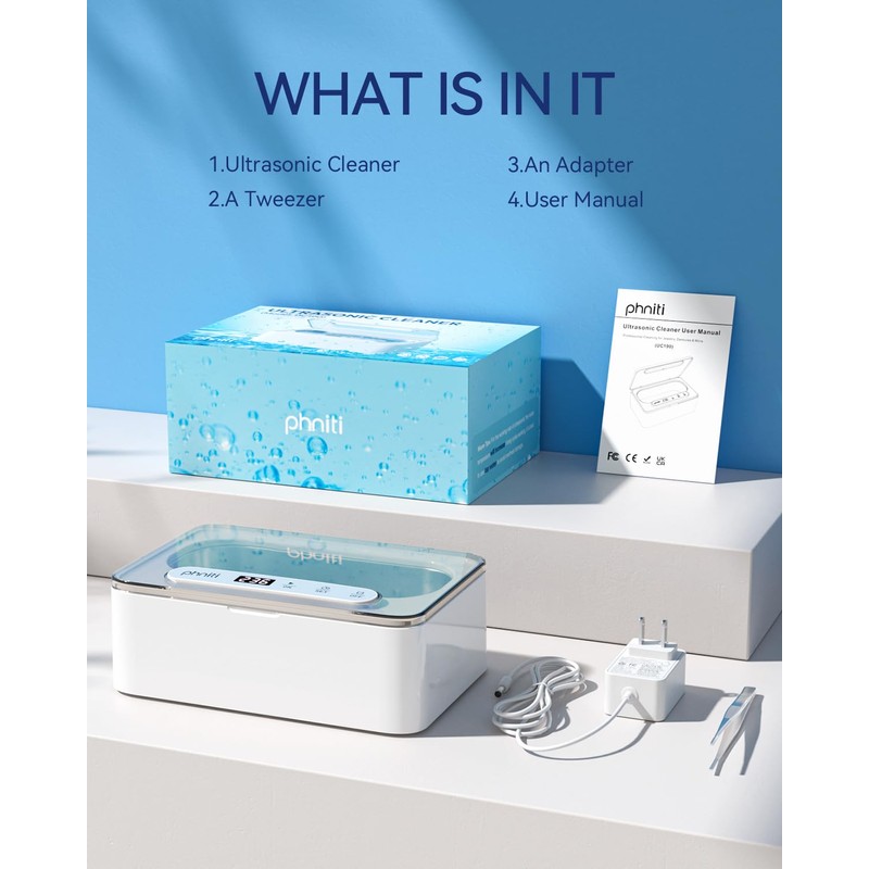 Ultrasonic Jewelry Cleaner, Phniti Ultrasonic Retainer Cleaner with Timer, 47KHz
