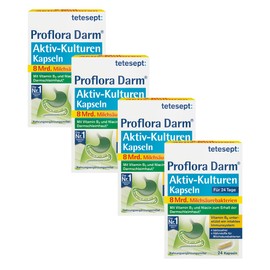 tetesept Proflora Darm Aktiv-Kulturen Kapseln - Nahrungsergänzungsmittel mit 8 Mrd. Milchsäurebakterien, Vitaminen und Inulin - 4 x 24 Kapseln