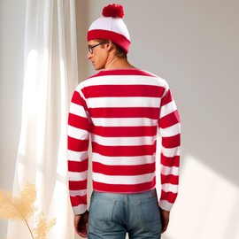 Powumie Red and White Striped Shirt Costume for Men Cosplay Knit Beanie Hat Black Glasses Outfit for Adult