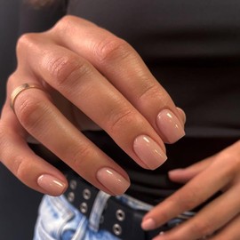 KQueenest Nude Pink Press On Nails Short Square - Acrylic Press On Nails Summer, Sheer Light Pink Short Fake Nails with Glue, Glossy Clear, Reusable Soft Gel Glue on Nails for Women Gift, 24 Pcs