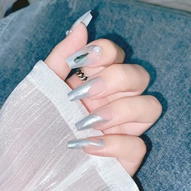 24 Pieces Medium Length False Nails Silver Artificial Nails with Pearls and Rhinestones Fake Nails with Wave Design as Holiday Gift for Women and Girls