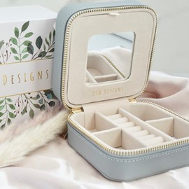 YSM Designs Travel Jewelry Organizer Box, Travel Jewelry Case | Small Jewelry Box for Women, Jewelry Travel Case with Mirror | Mother's Day Gift Idea(Grey)