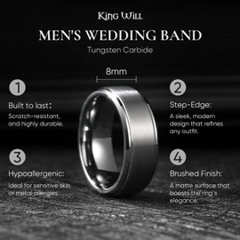 King Will Duo 8mm Mens Brushed Tungsten Carbide Wedding Band Ring Polish Finished Comfort Fit Black/Silver/Rose Gold 3 Pack 9