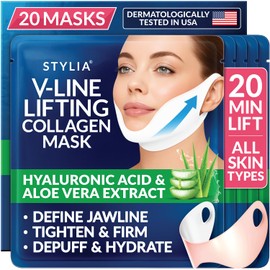 Stylia Mascarilla Doble Mentón - Correa Para La Mentón Línea V - Mascarilla Facial De Colágeno De Hidrogel Tonificante Con Ácido Hialurónico Y Aloe...