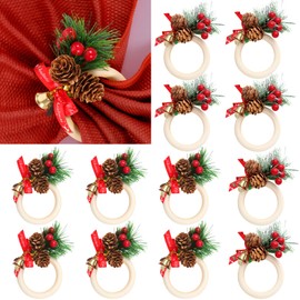 Set of 12 Christmas Napkin Rings Set, Pine Cones, Poinsettia, Wooden Napkin Ring Holder for Christmas, Thanksgiving, Banquet, Dinner, Wedding, Birthday, Table Decoration, Pinwheel