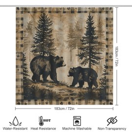 TOWINSFB 4Pcs Retro Plaid Bear Shower Curtain, Rustic Forest Animal Woodland Shower Curtain Sets with Toilet Lid Cover, U-Shaped Mat and Non-Slip Rugs, Bathroom Decor Set, 72" x 72"